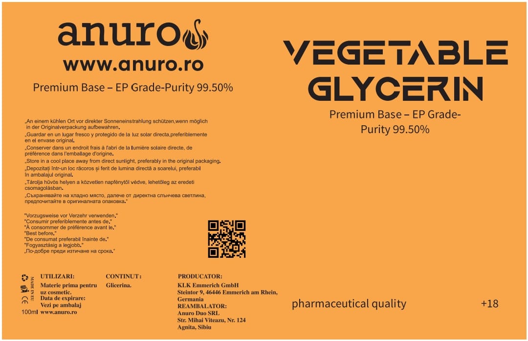 NOUA FORMULA – CALITATE SUPERIOARA!
Noua glicerină G995E Gosher 99,50%, standard Pharma Vegetable EP, origine germană – mai pură, mai eficientă.
Producator: KLK Emmerich Gmbh!